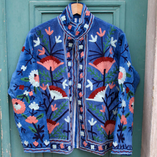 Veste brodée en velours indigo