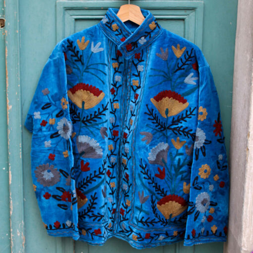 Veste brodée en velours bleu cobalt