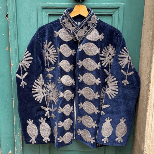 Veste brodée en velours bleu marine