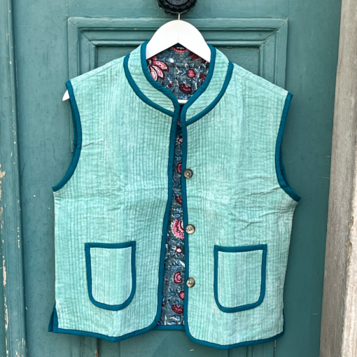 Veste Indienne sans manches velours turquoise et bleu canard