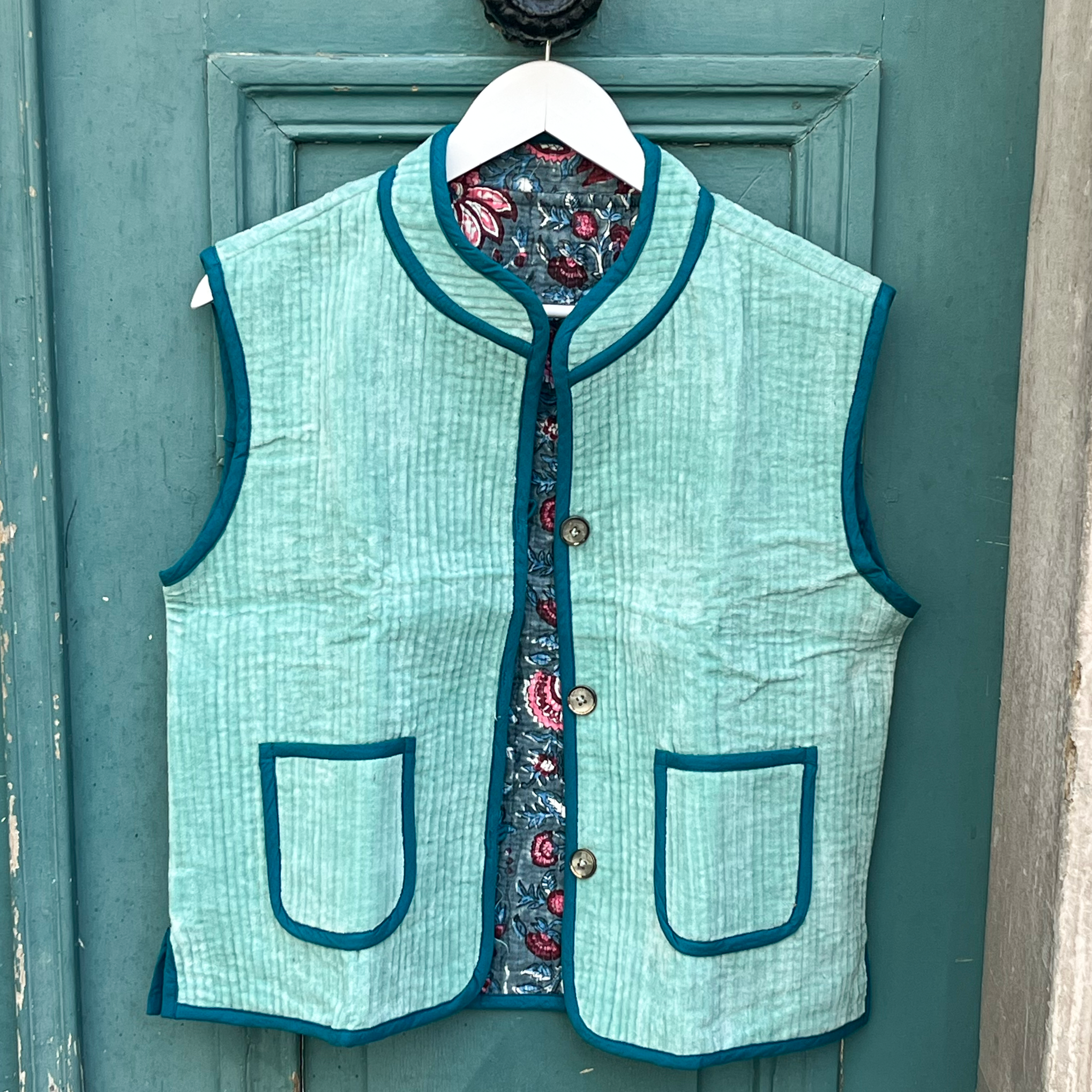 Veste Indienne sans manches velours turquoise et bleu canard