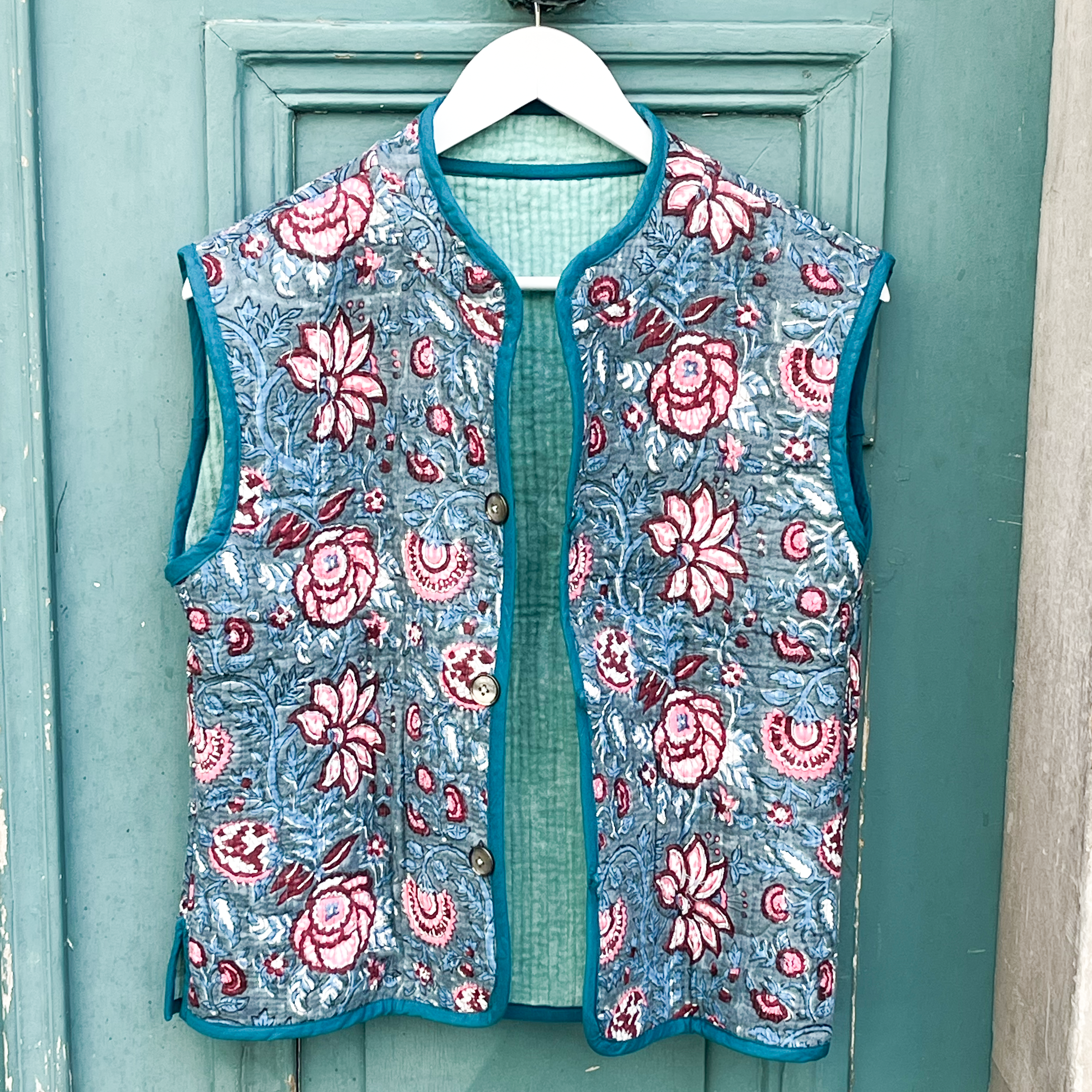 Veste Indienne sans manches velours turquoise et bleu canard – Image 3