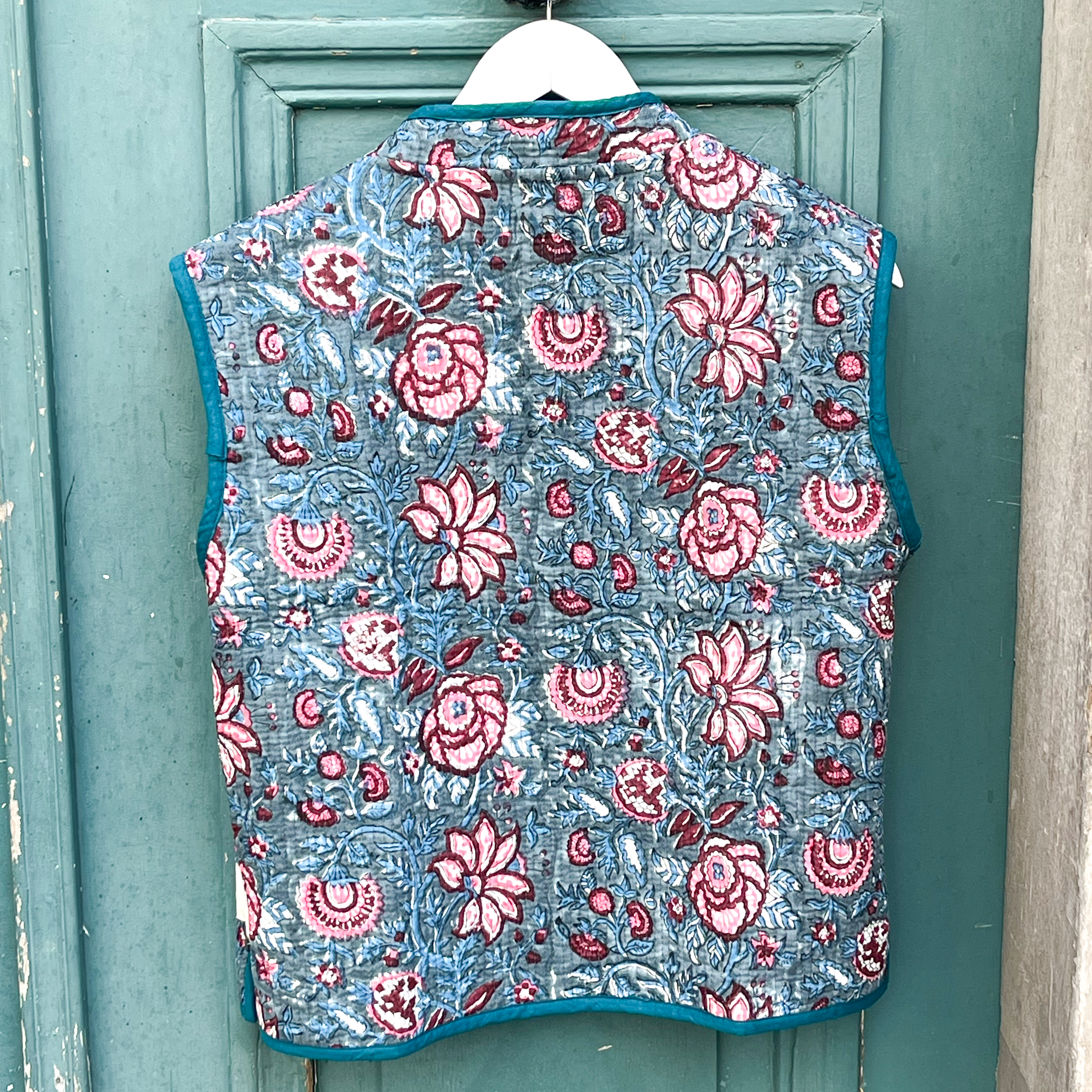 Veste Indienne sans manches velours turquoise et bleu canard – Image 4