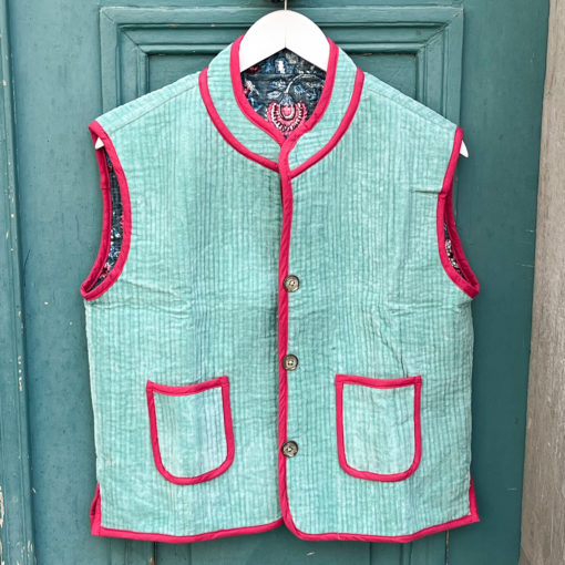 Veste Indienne sans manches velours turquoise et rose