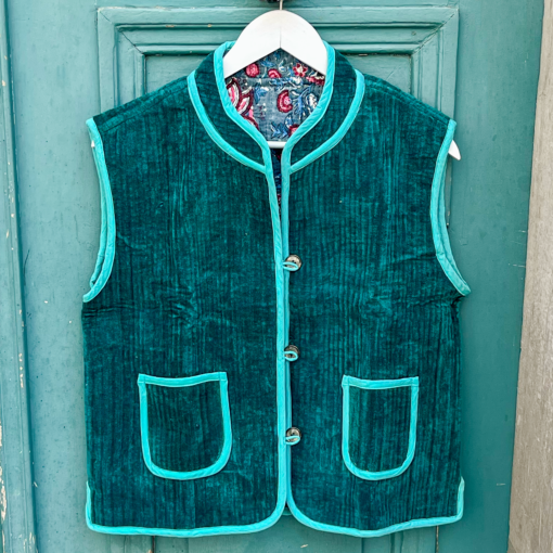 Veste Indienne sans manches velours bleu canard et turquoise