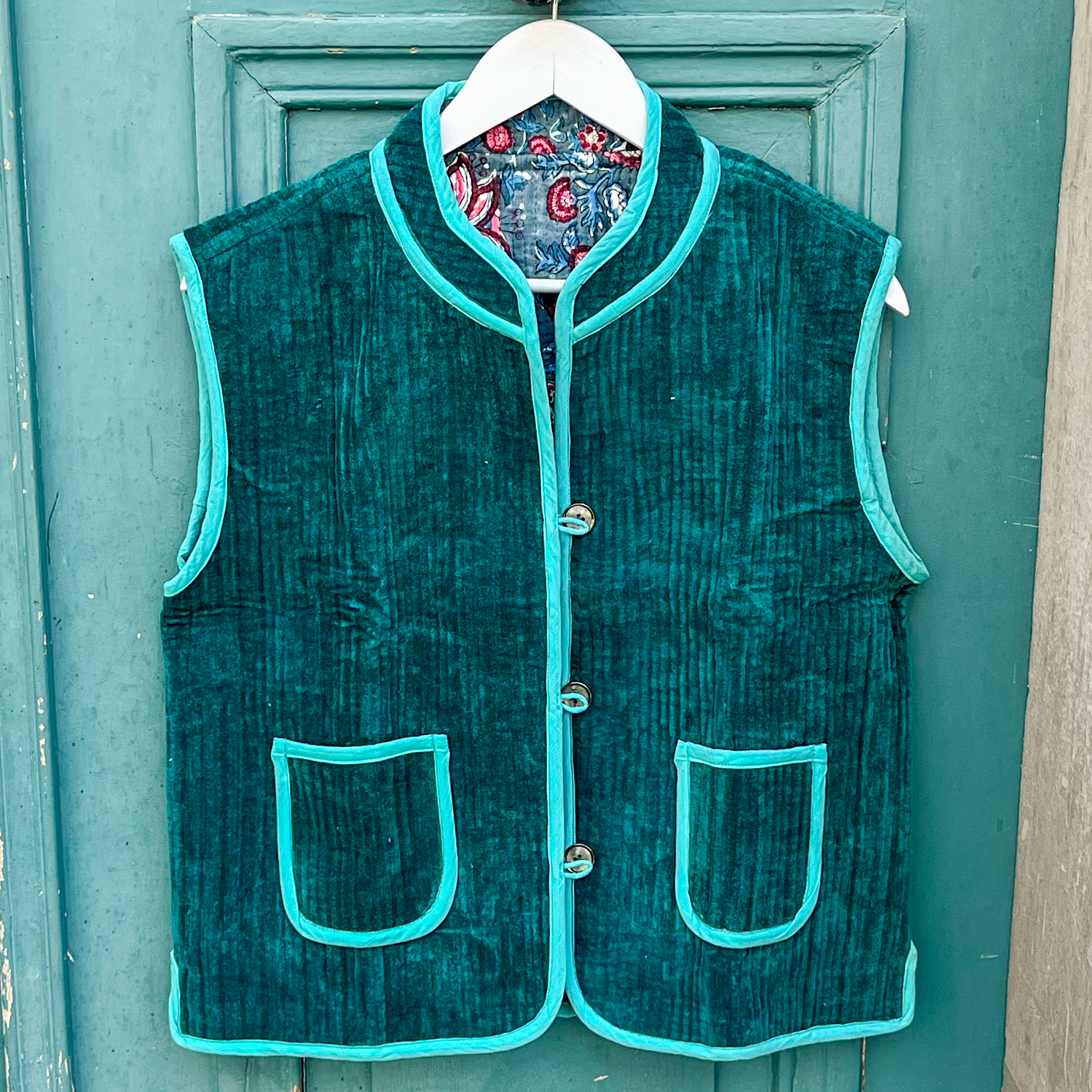 Veste Indienne sans manches velours bleu canard et turquoise