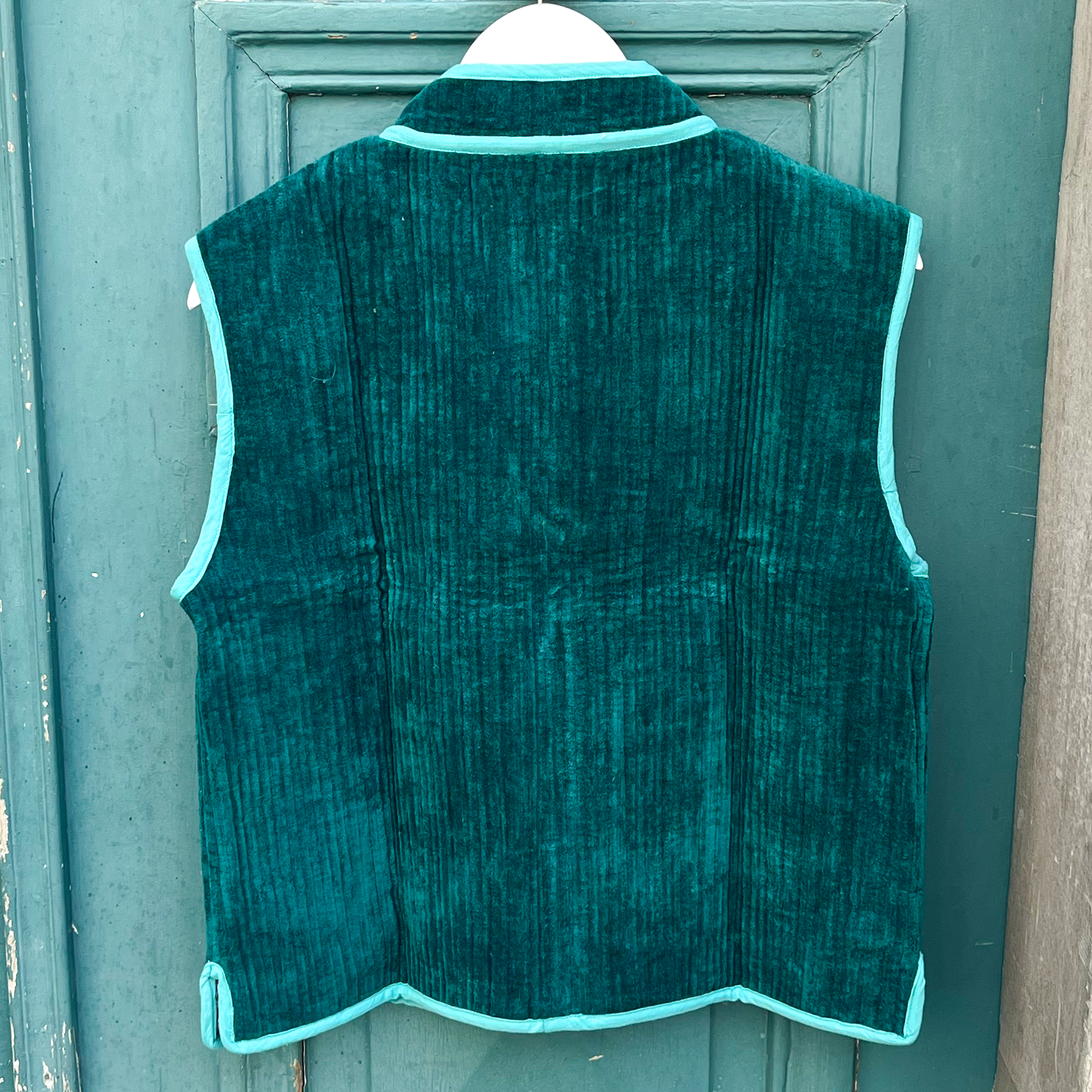 Veste Indienne sans manches velours bleu canard et turquoise – Image 2