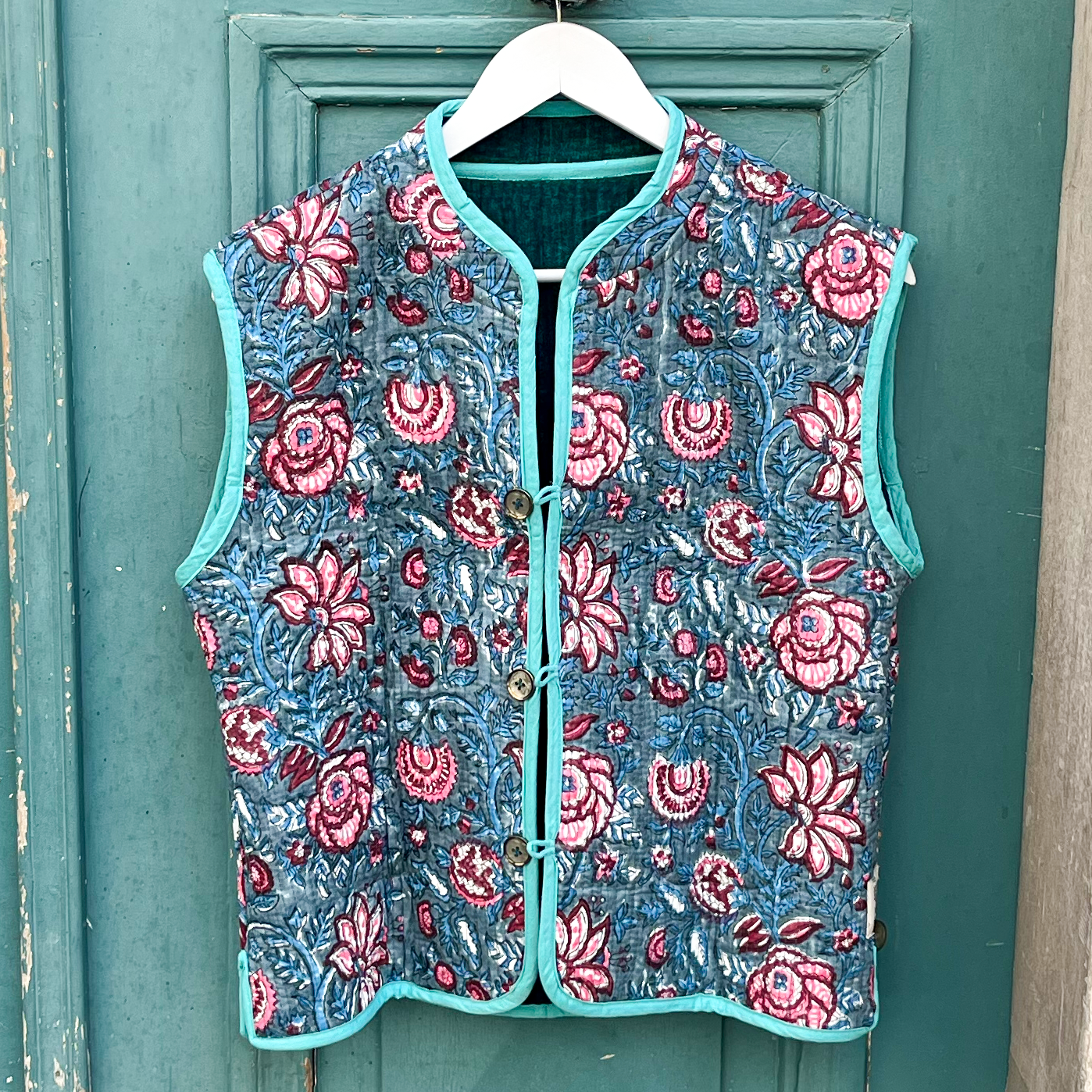 Veste Indienne sans manches velours bleu canard et turquoise – Image 3