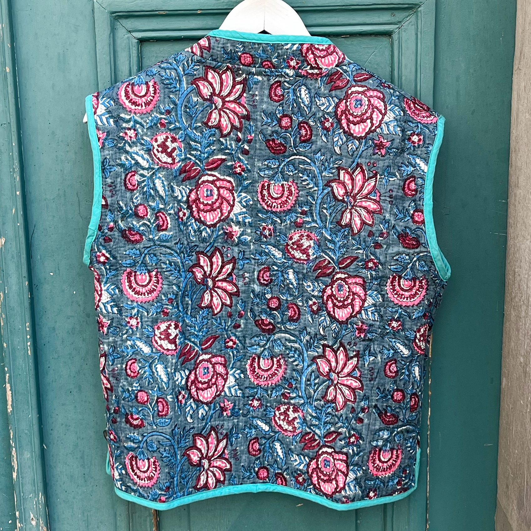 Veste Indienne sans manches velours bleu canard et turquoise – Image 4