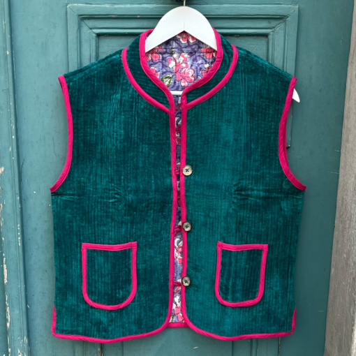 Veste Indienne sans manches velours bleu canard et rose