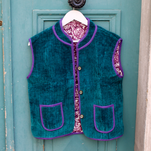 Veste Indienne sans manches velours bleu canard et violette 2