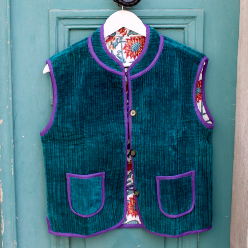 Veste Indienne sans manches velours bleu canard et violette 1