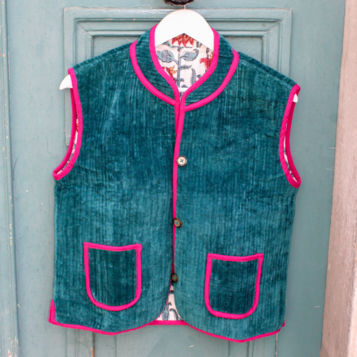 Veste Indienne sans manches velours bleu canard et rose