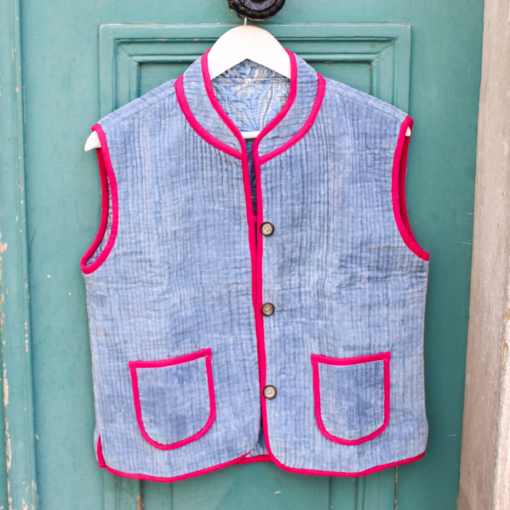 Veste Indienne sans manches velours bleu ciel