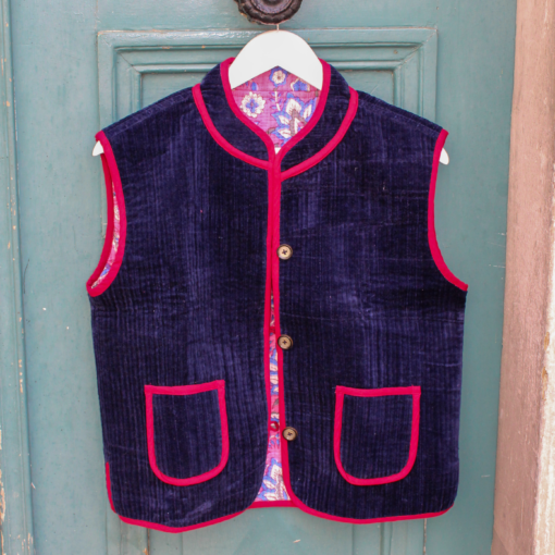 Veste Indienne sans manches velours bleu marine
