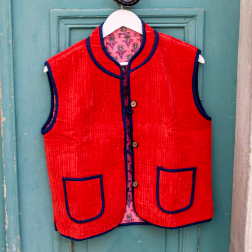 Veste Indienne sans manches velours rouge