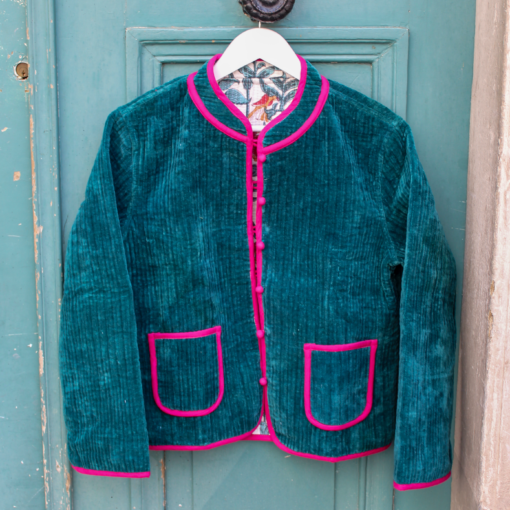 Veste Indienne velours bleu canard et rose