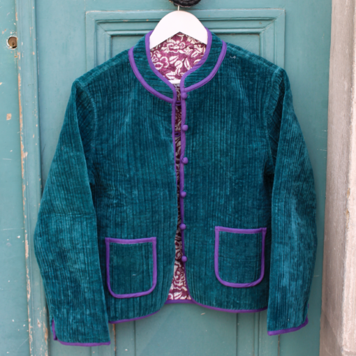 Veste Indienne velours bleu canard et violette
