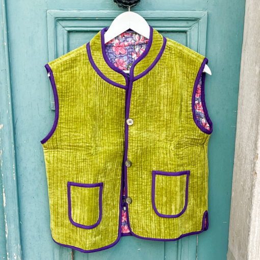 Veste Indienne sans manches velours verte et violette
