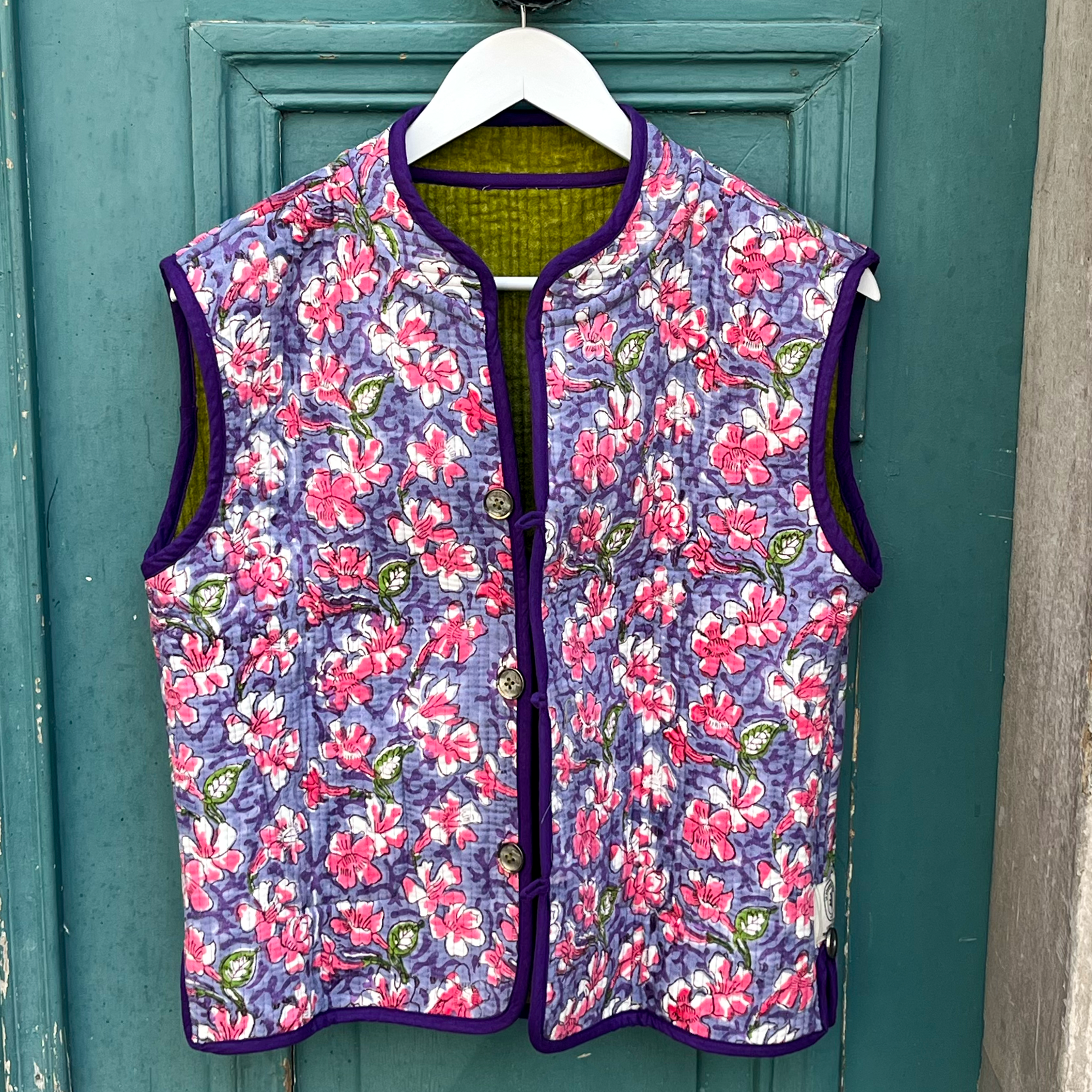 Veste Indienne sans manches velours verte et violette – Image 3
