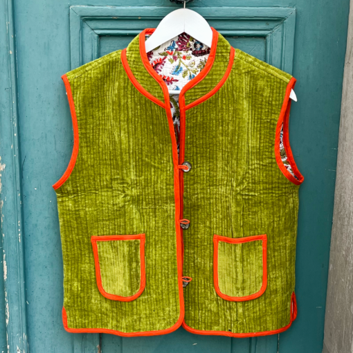 Veste Indienne sans manches velours verte et orange