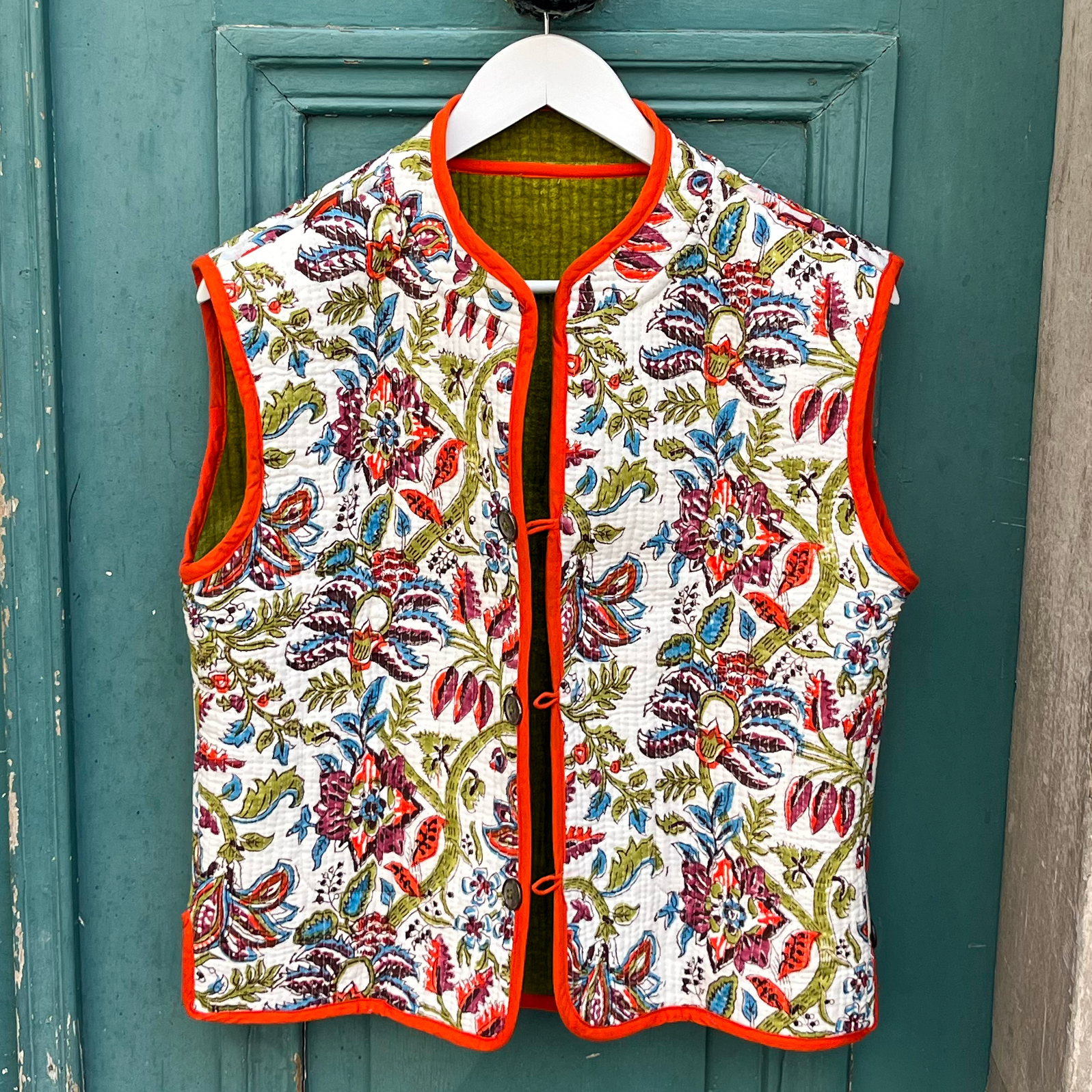 Veste Indienne sans manches velours verte et orange – Image 4