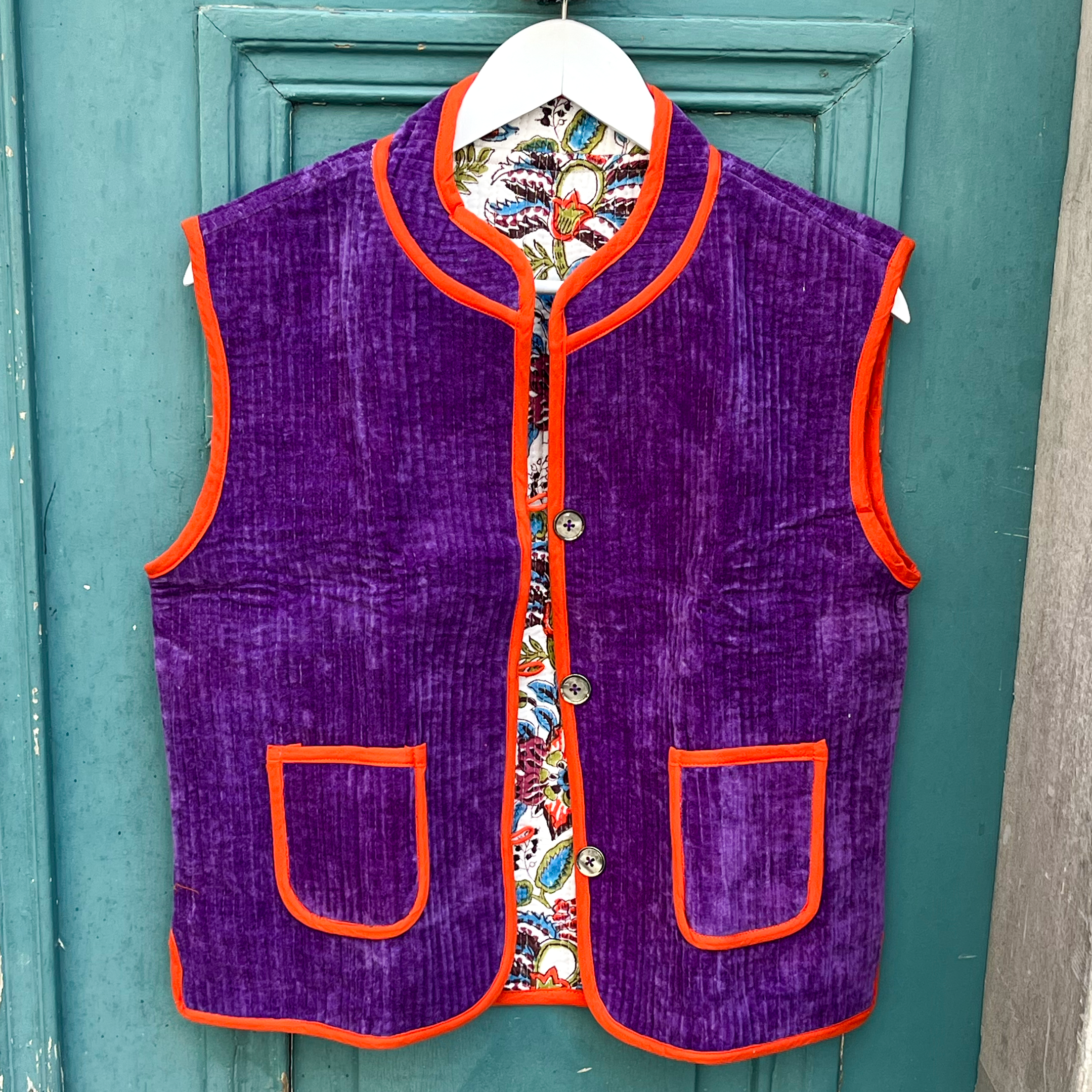 Veste Indienne sans manches velours violette et orange
