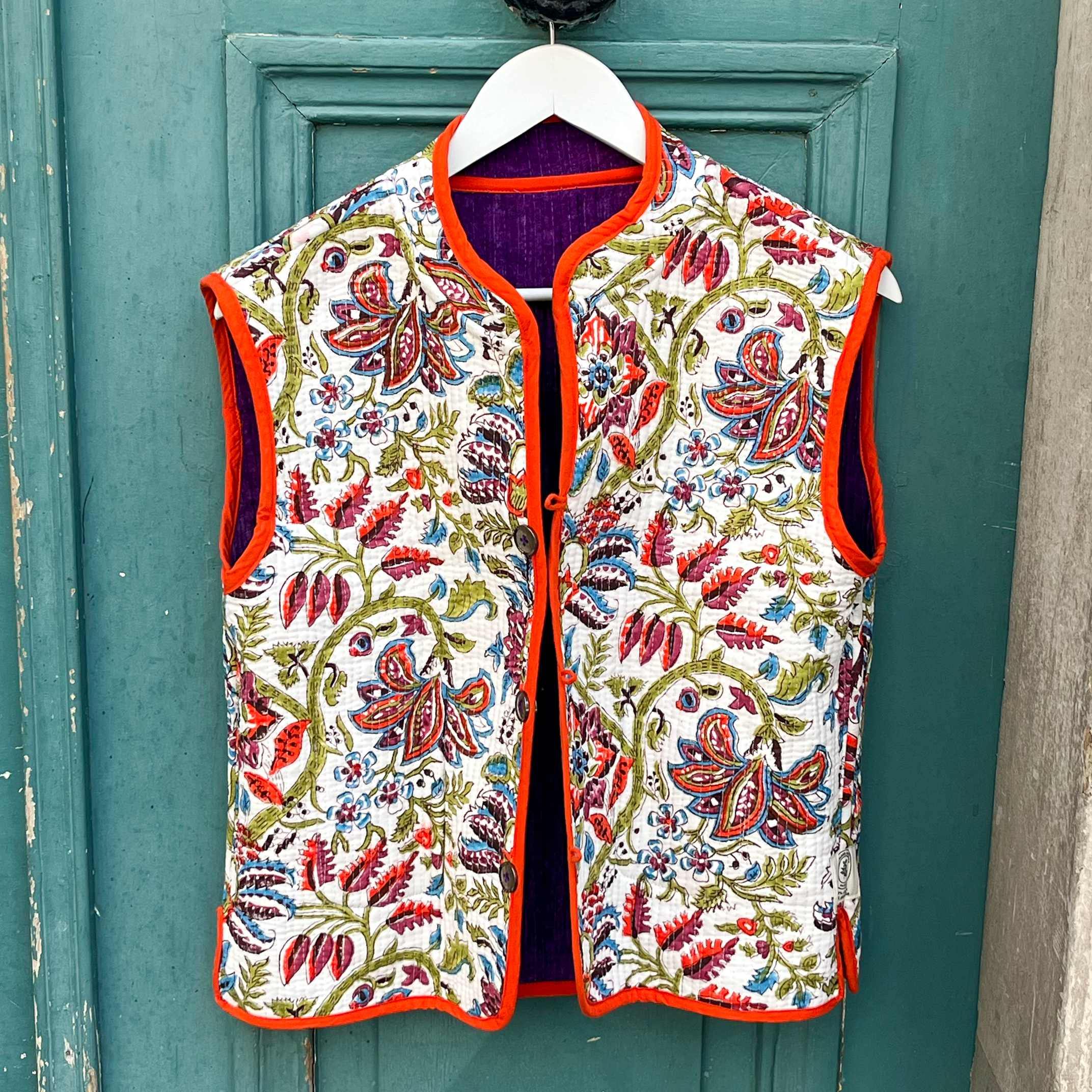 Veste Indienne sans manches velours violette et orange – Image 3
