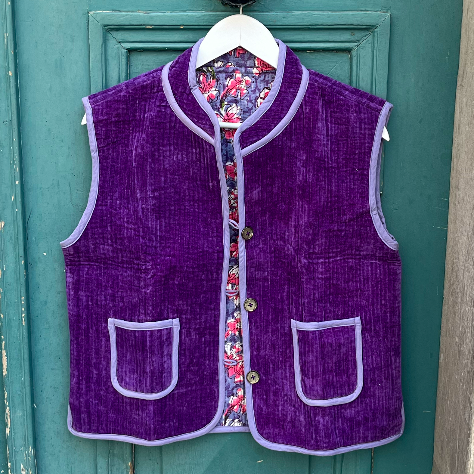 Veste Indienne sans manches velours violette et lila